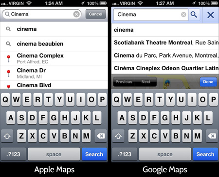 Apple Maps vs Google Maps - Search